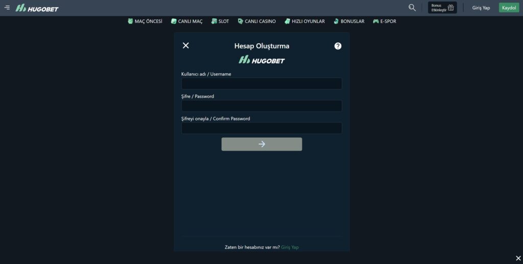 hugobet üyelik işlemleri